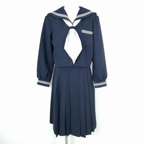 1円 セーラー服 スカート スカーフ 上下3点セット 大きいサイズ 特大 冬物 白3本線 女子 学生服 静岡積志中学 紺 制服 中古 ランクC EY7148の画像1