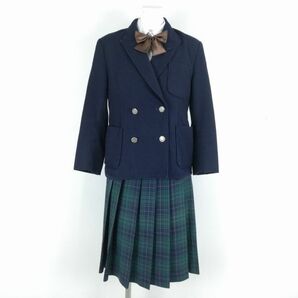 1円 ブレザー ベスト チェックスカート リボン 上下5点セット 冬物 女子 学生服 中学 高校 紺 制服 中古 ランクC EY6785の画像1