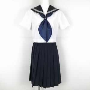 1円 セーラー服 スカート スカーフ 上下3点セット 夏物 白3本線 女子 学生服 高知商業高校 白 制服 中古 ランクC EY6991