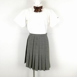 1円 ブラウス チェックスカート リボン 上下3点セット 指定 S 夏物 女子 学生服 神奈川横浜創英高校 白 制服 中古 ランクC EY7429