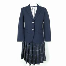 1円 ブレザー チェックスカート 紐タイ 上下4点セット 155A カンコー 冬物 女子 学生服 北海道西岡北中学 紺 制服 中古 ランクC EY7425_画像1