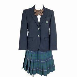 1円 ブレザー チェックスカート リボン 上下4点セット 145A 富士ヨット 冬物 女子 学生服 東京立川第九中学 紺 制服 中古 ランクC EY6816