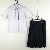 1円 ブラウス スカート 紐タイ 上下3点セット LL 大きいサイズ 夏物 女子 学生服 中学 高校 白 制服 中古 ランクC NA9517_画像1