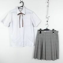 1円 ブラウス チェックスカート 紐タイ 上下3点セット 160 大きいサイズ カンコー 夏物 女子 学生服 中学 高校 白 中古 ランクC EY0860_画像1