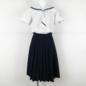 1円 セーラー服 スカート ネクタイ 上下3点セット 150A 夏物 グレー1本線 女子 学生服 鹿児島米ノ津中学 白 制服 中古 ランクC EY7840