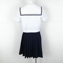 1円 セーラー服 スカート スカーフ 上下3点セット 夏物 青2本線 女子 学生服 中学 高校 白 制服 中古 ランクC EY7366_画像2