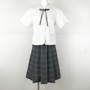 1円 セーラー服 チェックスカート 紐タイ 上下3点セット L 富士ヨット 夏物 女子 学生服 熊本水俣高校 白 制服 中古 ランクC EY7826