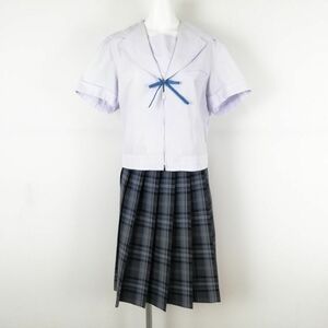 1円 セーラー服 チェックスカート 紐タイ 上下3点セット 大きいサイズ 特大 夏物 女子 学生服 中学 高校 白 制服 中古 ランクC EY7527