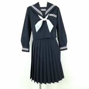 1円 セーラー服 スカート スカーフ 上下3点セット 上着 冬物 白3本線 女子 学生服 中学 高校 紺 制服 中古 ランクB EY7831