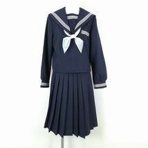 1円 セーラー服 スカート スカーフ 上下3点セット 大きいサイズ 冬物 白3本線 女子 学生服 中学 高校 紺 制服 中古 ランクC EY7835_画像1