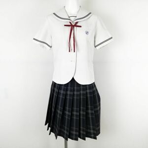 1円 セーラー服 チェックスカート 紐タイ 上下3点セット 夏物 青2本線 女子 学生服 大阪国際大和田高校 白 制服 中古 ランクC EY7529