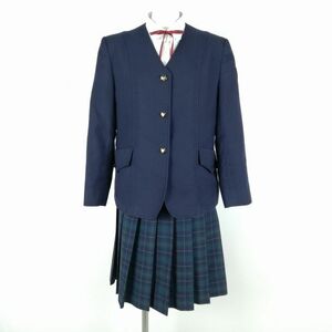 1円 イートン チェックスカート 紐タイ 上下4点セット M トンボ 冬物 女子 学生服 鹿児島錦江湾高校 紺 制服 中古 ランクC EY7809