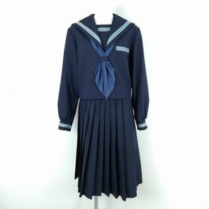 1円 セーラー服 スカート スカーフ 上下3点セット 大きいサイズ 冬物 水色3本線 女子 学生服 中学 高校 紺 制服 中古 ランクC EY7749の画像1