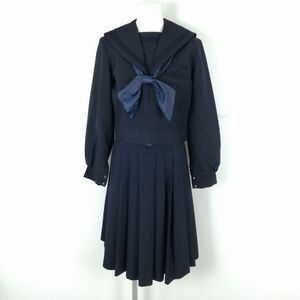 1円 セーラー服 スカート スカーフ 上下3点セット 冬物 青4本線 女子 学生服 中学 高校 紺 制服 中古 ランクC EY7941