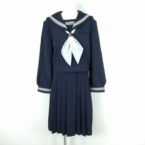 1円 セーラー服 スカート スカーフ 上下3点セット 175B 大きいサイズ 特大 冬物 白3本線 女子 学生服 中学 高校 紺 中古 ランクC EY7899の画像1