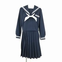 1円 セーラー服 スカート スカーフ 上下3点セット 大きいサイズ 冬物 白3本線 女子 学生服 中学 高校 紺 制服 中古 ランクB EY7855_画像1