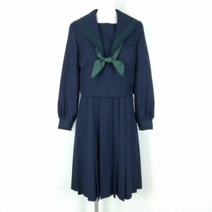 1円 セーラー服 ジャンパースカート スカーフ 上下3点セット 指定 冬物 緑3本線 女子 学生服 中学 高校 紺 制服 中古 ランクC EY7991