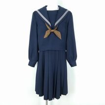 1円 セーラー服 ジャンパースカート スカーフ 上下3点セット 大きいサイズ 冬物 白3本線 女子 学生服 中学 高校 紺 中古 ランクC EY8013_画像1