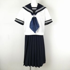 1円 セーラー服 スカート スカーフ 上下3点セット 175B 大きいサイズ 特大 夏物 白3本線 女子 学生服 中学 高校 白 中古 ランクC EY7910の画像1