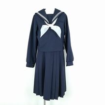 1円 セーラー服 ジャンパースカート スカーフ 上下3点セット 冬物 白3本線 女子 福岡教育大学附属福岡中学 紺 制服 中古 ランクC EY8097_画像1