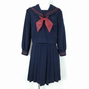 1円 セーラー服 スカート スカーフ 上下3点セット L 冬物 赤3本線 女子 学生服 神奈川横浜隼人高校 紺 制服 中古 ランクC EY8056