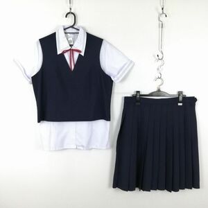 1円 ベスト スカート 紐タイ 上下4点セット 大きいサイズ バスト106 夏物 女子 学生服 中学 高校 紺 制服 中古 ランクB EY8005