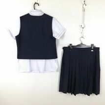 1円 ベスト スカート 紐タイ 上下4点セット 大きいサイズ バスト106 夏物 女子 学生服 中学 高校 紺 制服 中古 ランクB EY8005_画像2