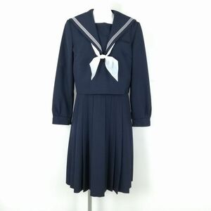 1円 セーラー服 ジャンパースカート スカーフ 上下3点セット 指定 165A カンコー 冬物 白3本線 女子 中学 高校 紺 中古 ランクB EY8167