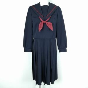 1円 セーラー服 ジャンパースカート スカーフ 上下3点セット 指定 冬物 赤2本線 女子 学生服 中学 高校 紺 制服 中古 ランクC EY8236