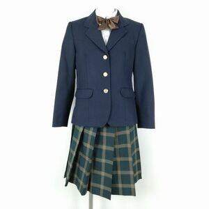 1円 ブレザー チェックスカート リボン 上下4点セット 冬物 女子 学生服 中学 高校 紺 制服 中古 ランクC EY8109