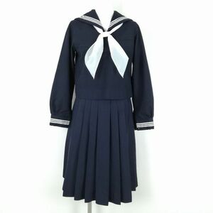 1円 セーラー服 スカート スカーフ 上下3点セット 冬物 白3本線 女子 学生服 中学 高校 パリス 紺 制服 中古 ランクC EY8166