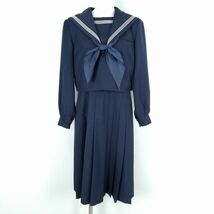 1円 セーラー服 ジャンパースカート スカーフ 上下3点セット 指定 冬物 白3本線 女子 学生服 中学 高校 紺 制服 中古 ランクC EY8156_画像1