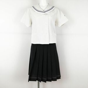 1円 セーラー服 スカート 上下2点セット 指定 M トンボ 夏物 グレー青各1本線 女子 学生服 福岡常葉高校 白 制服 中古 ランクC EY8201