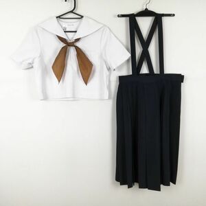 1円 セーラー服 スカート スカーフ 上下3点セット 指定 160A 夏物 白3本線 女子 学生服 福岡筑紫女学園 白 制服 中古 ランクB EY7970