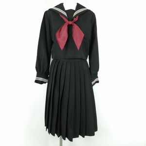 1円 セーラー服 スカート スカーフ 上下3点セット 冬物 白3本線 女子 学生服 静岡三島北高校 黒 制服 中古 ランクC EY8342