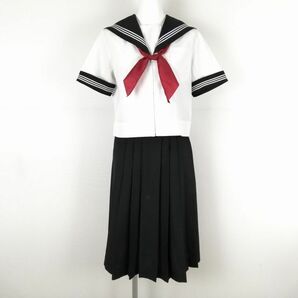 1円 セーラー服 スカート スカーフ 上下3点セット 夏物 白3本線 女子 学生服 静岡長岡中学 白 制服 中古 ランクC EY8442の画像1