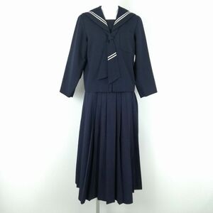 1円 セーラー服 ロングスカート ネクタイ 上下3点セット 冬物 白2本線 女子 学生服 中学 高校 紺 制服 中古 ランクC EY8327