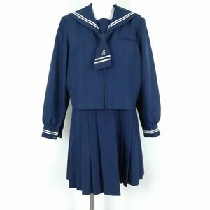 1円 セーラー服 ジャンスカミニ ネクタイ 上下3点セット 冬物 白2本線 女子 学生服 神奈川渋沢中学 花紺 制服 中古 ランクC EY8344