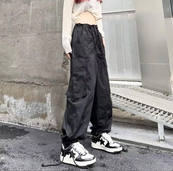 レディース カーゴパンツ ワイドパンツ ダボっとパンツ ストリート おしゃれ 韓国 人気 ブラック M ダンス衣装 無地