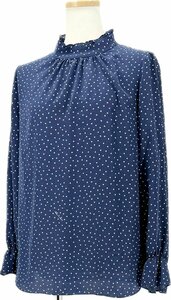 HANAE MORI ALMA EN ROSE ハナエモリ 長袖 ドット 総柄 シフォン フリル ハイネック プルオーバー ブラウス カットソー 38/M 紺×白 日本製