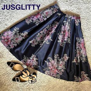 【美品】JUSGLITTY ジャスグリッティー ジャガードスカート 花柄 ネイビー 日本製