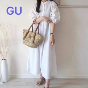 【美品】GU ジーユー バンドカラーシャツワンピース パフスリーブ ホワイト M