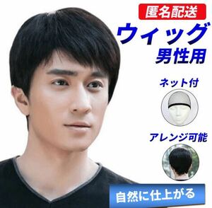 ウィッグ 男性 自然 簡単 黒 メンズ かつら カツラ 男性用 メンズウィッグ ショート ブラック 医療用 コスプレ 男装 おしゃれ ネット付き