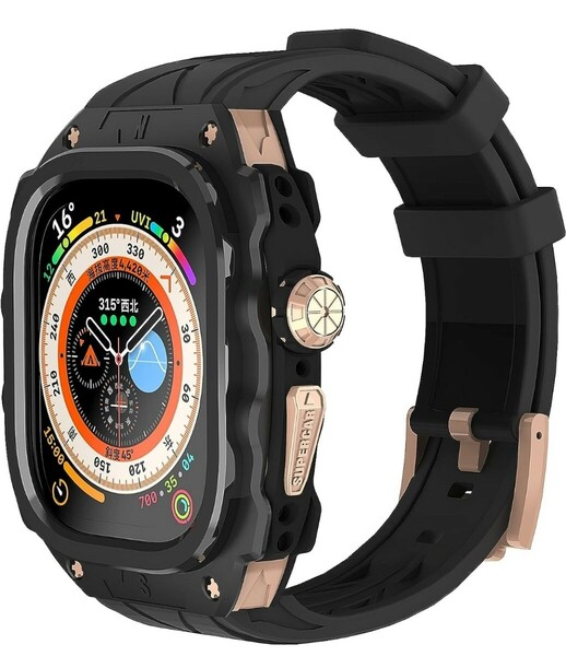 高級メタルケース Apple Watch Ultra 1/2 49mmバンド カバー付き 高耐久 頑丈なケース シリコンストラップ フル保護カバー (Rose Gold)