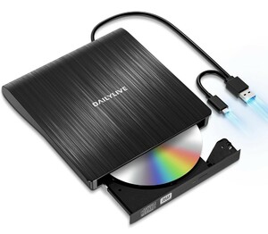 DAILYLIVE ブラック 外付けDVD/CDドライブ DVDレコ DVD-Rプレイヤー USB3.0&Type-C両用 内蔵ケーブル Window/Linux/Mac OS対応 外付け