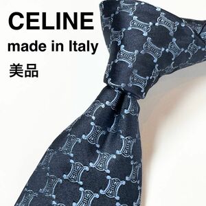 セリーヌ(CELINE) 光沢 ネクタイ マカダム トリオンフ ロゴ イタリア製 シルク ネイビー 紺 水色ライトブルー 冠婚葬祭