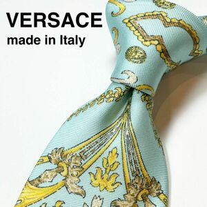 ヴェルサーチ(VERSACE) ネクタイ レアカラー 水色 ライトブルー バロック 柄 メデューサ ロゴ イタリア製 シルク レア