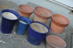 素焼 植木鉢（テラコッタ）４個【１個は浅型】　欄鉢（陶器）３個　　最大素焼きサイズ径22ｃｍ