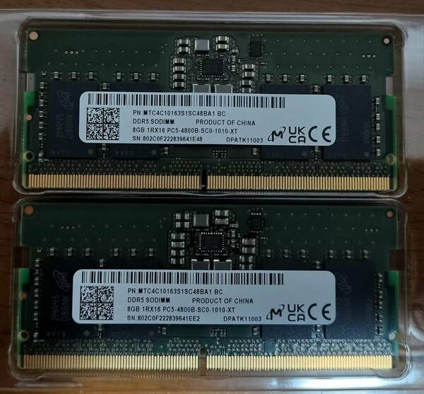 ノート用メモリ2枚 Micron DDR5 DODIMM 8GB１RX16 PC5-4800B-SCO-1010-XT 8GBx2枚 計16GB