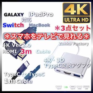 3点 タイプC 変換 アダプタ HDMI ケーブル 3m スマホ テレビ iPhone15 Pro Max iPadPro 接続